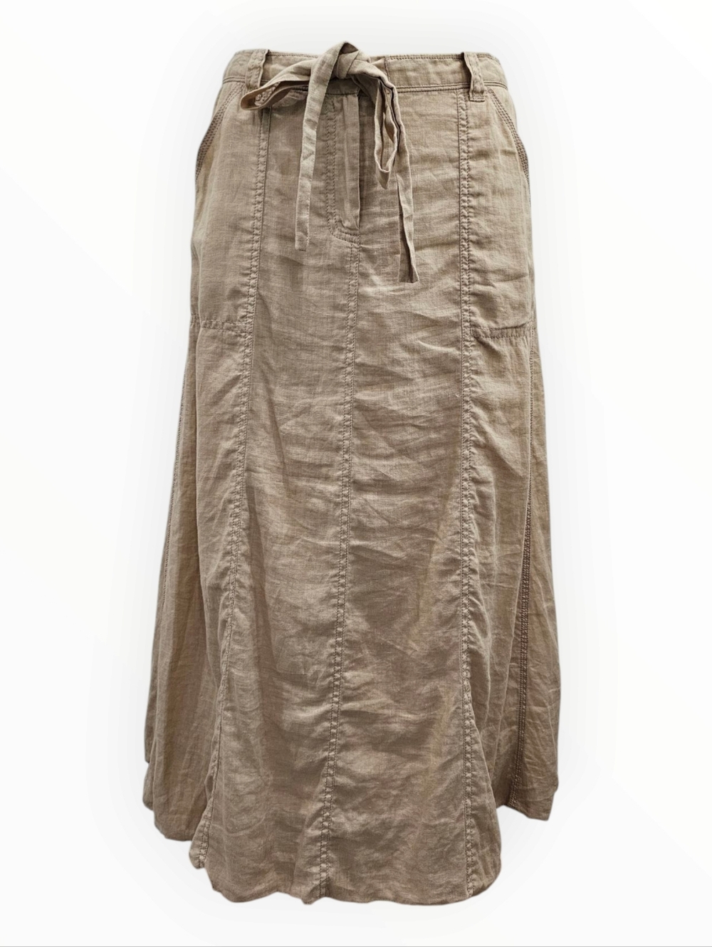 Pure DKNY Women 100% Linen Khaki Beige Tan Bubble Hem A-Line Midi Skirt 4